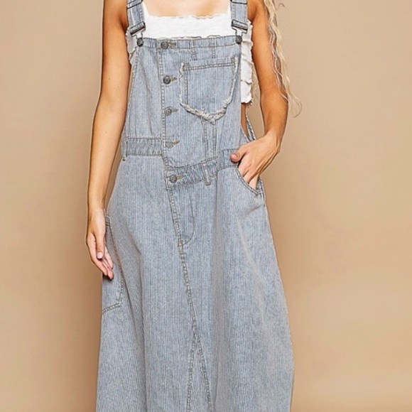 POL Blue Denim Overall light pinstriped dress - Picture 3 of 6
